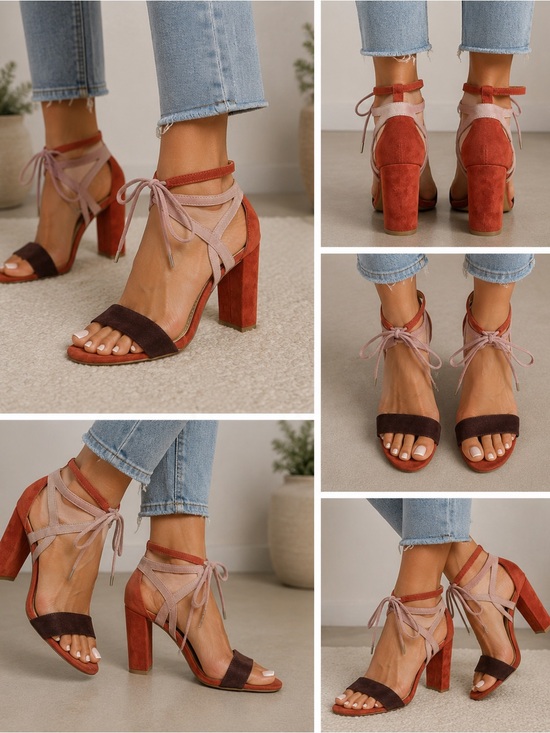 Marc Fisher Shoes - Marc Fisher Suede Two-Tone Lace-Up Block Heel Sandals - Rust & Blush